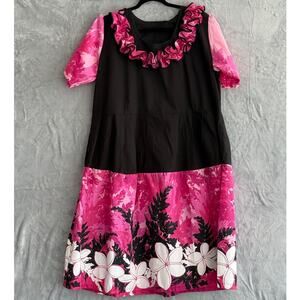 HANDMADE VINTAGE 70s Hawaiian Muumuu Pink Black Floral Ruffle Resort Dress XL 1X